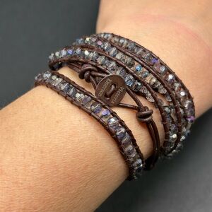 Victoria Emerson Iridescent Beaded Brown Leather Wrap Bracelet
